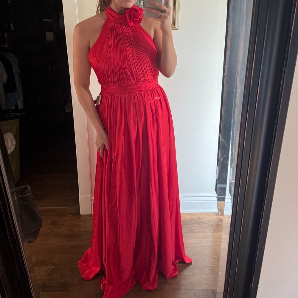 Mac Duggal Vibrant Red Halter Maxi Gown with Rosette Neck